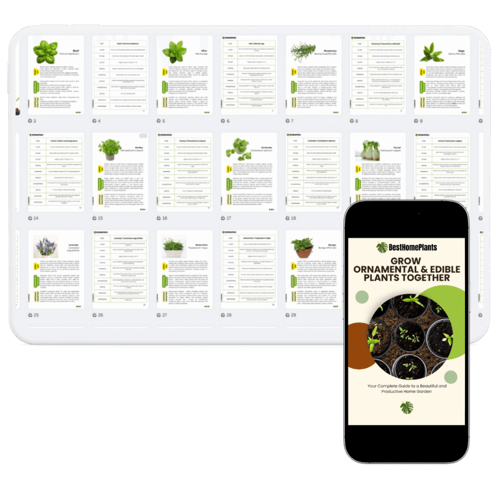 Cover of ‘50 Ornamental & Edible Plants’ eBook showing a phone screen with detailed plant profile of basil. Perfect for garden landscape design, sun garden ideas, and vegetable seeds lovers.