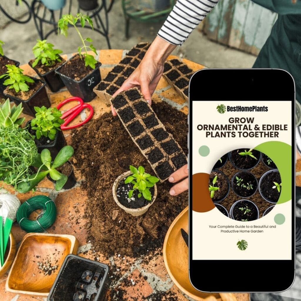 A person planting seeds in small pots next to an open eBook on the table, with a few young plants already growing in the background. Natural light and a calm atmosphere inspire confidence for new gardeners. Zen garden